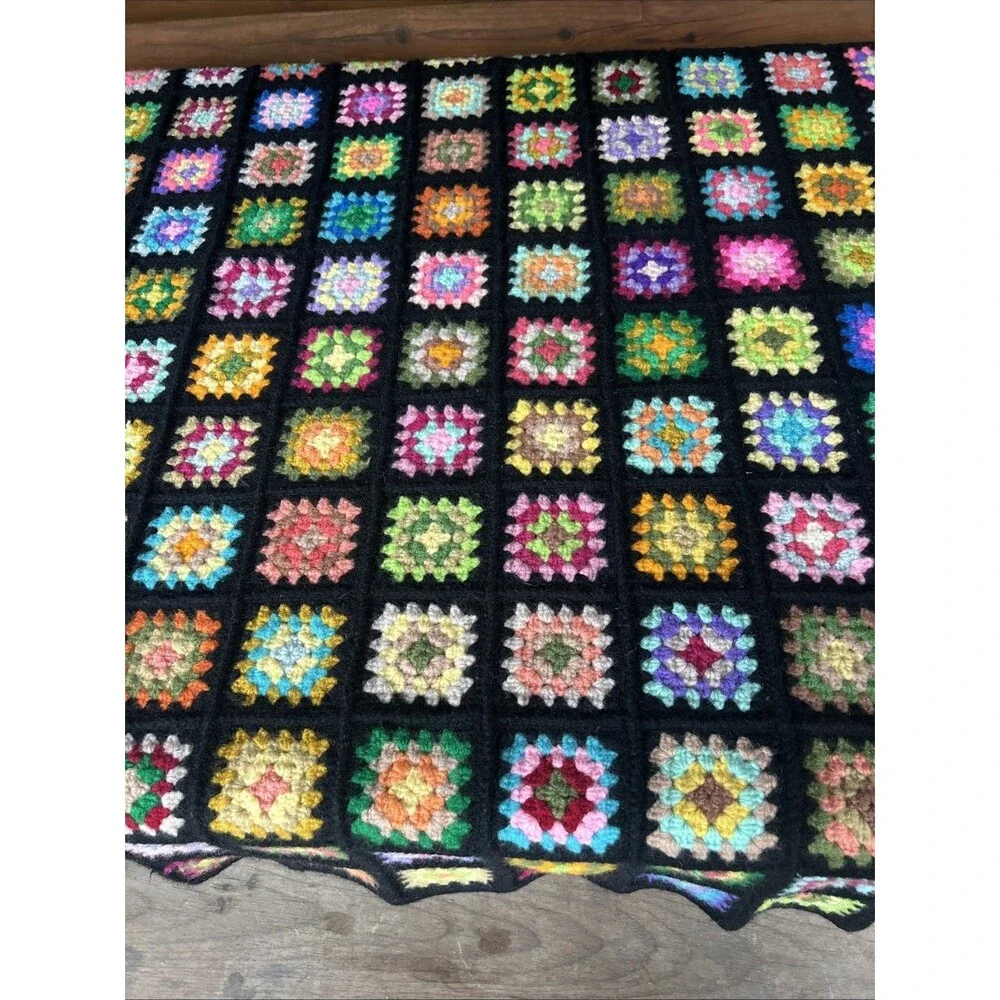 Vtg 1970s Heavy Granny Square Afghan Blanket 56x76 Black Border Retro Throw